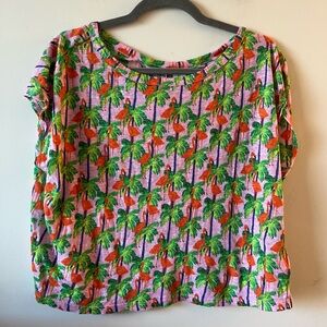 Bouffants & Broken Hearts 100 % Linen Tropical Palm Print Women's Top Large